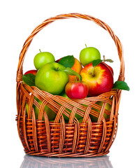 Basket of fresh ripe apples isolated on white