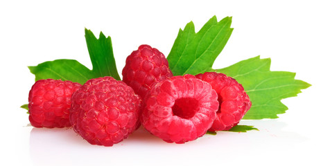 fresh raspberries and leaves isolated on white