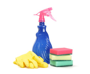 Cleaner, sponges and rubber gloves  on white background