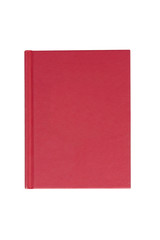 red hardback book on white background from above