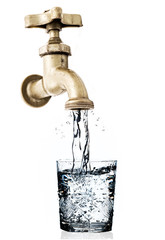 Tap and glass on white background.