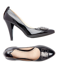 Black female shoes over white, side and top views