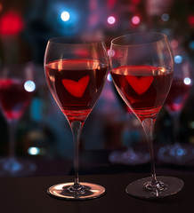 Two Glasses Of Red Wine, With Love. Blurred City Lights