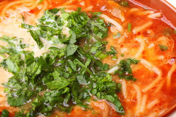 Tomato soup, parsley food texture background