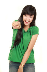 young happy girl pointing
