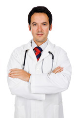 Portrait of a smiling young doctor, isolated on white