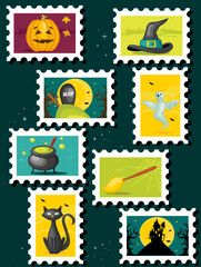 Halloween postal stamps, vector illustration