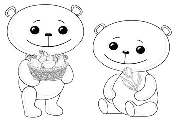 Teddy bears with fruits and flower, contours