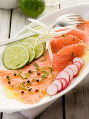 salmon carpaccio with slice grapefruit, lime and radish