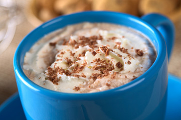 Hot chocolate with whipped cream and chocolate shavings