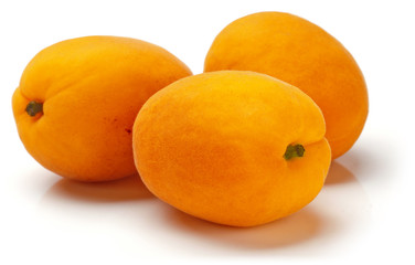 Three fresh mature  apricots on white background.
