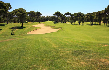 Golf course with sand trap.