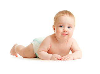 Baby boy in diaper lying isolated