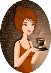 Ładna kobieta z filiżanką gorącej kawy. - obrazy, fototapety, plakaty
