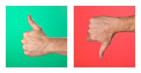 Thumbs up and Thumbs Down Signs on Green and Red