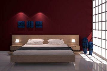 Camera da letto con finestra e parete rossa