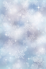 Holiday background with bokeh lights snowflakes and stars