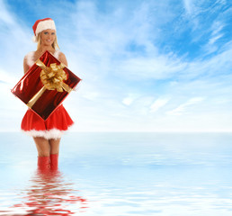 Obraz premium Young sexy Santa with a big present