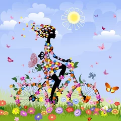 Photo sur Plexiglas Femme fleurs Fille à vélo à l& 39 extérieur en été