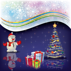 Christmas greeting with snowman and tree