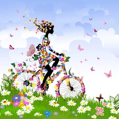 Möbelaufkleber Blumen Frau Mädchen auf dem Fahrrad draußen im Sommer