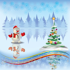 Christmas greeting with tree and snowman