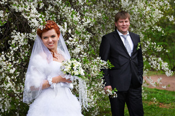 Happy bride and groom in cherry garden