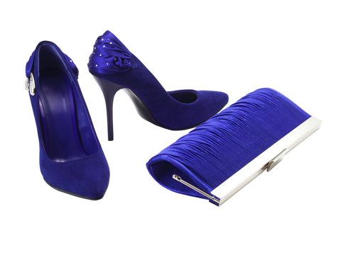 Dark blue female shoes on a high heel and clatch bag