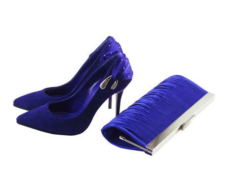 Dark blue female shoes on a high heel and clatch bag