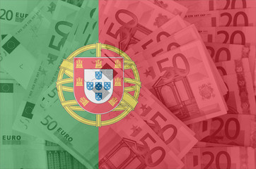 flag of Portugal with transparent euro banknotes in background