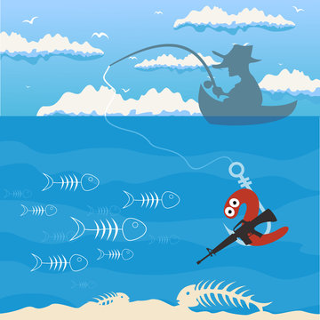 The man by a boat fishes. A vector illustration