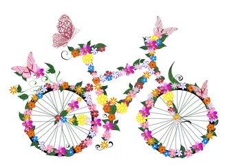 Garden poster Flowers women bike with flowers