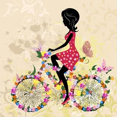Zelfklevend Fotobehang Meisje op fiets grunge © Aloksa
