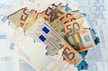 Outline map of Belgium with transparent euro banknotes in backgr