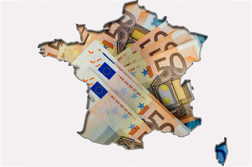 Outline map of France with euro banknotes in background