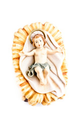Weihnachtskrippe Holzfiguren, junger Jesus Christus in Krippe