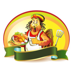 Cartoon cook coconut with smoked chicken