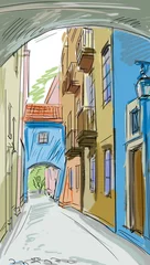 Papier Peint photo Lavable Café de rue dessiné vieille ville - illustration