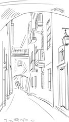 Foto op Plexiglas Tekening straatcafé oude stad - illustratie schets