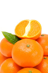Tangerines with Green Leaf on White Background