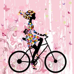 Tuinposter Meisje op fiets grunge romantisch © Aloksa
