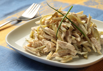 Chicken salad with celery and pickled cucumbers