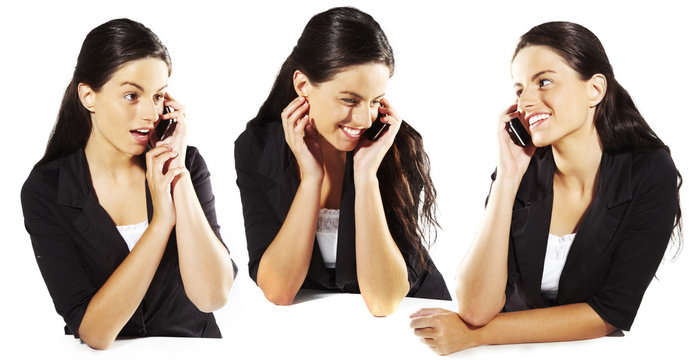 mujer hablando por telefono en varias posiciones aislado