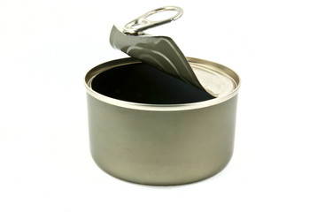 Opened empty aluminium can shot on white.