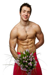 Muscle sexy naked young man hold the bunch of flowers in hand