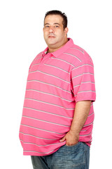 Worried fat man with pink shirt