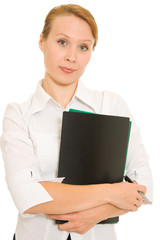 Businesswoman with folders on a white background.