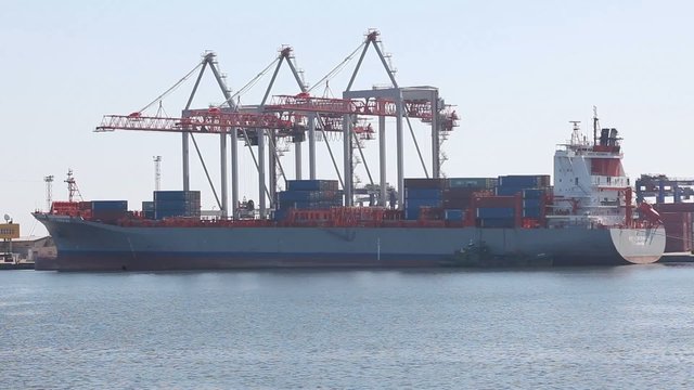 Ship to unload at a sea port. Odessa, Ukraine