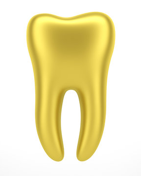 3d golden human tooth isolated on white background