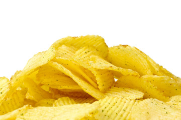 Delicious potato chips isolated on white